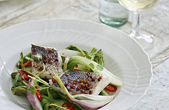 Spice Rubbed Sea Bass with Vegetables