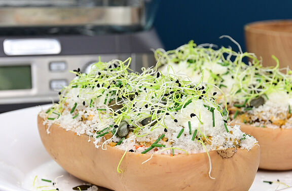 Steamed Stuffed Butternut Squash with Chicken & Vegetables