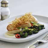 Seared Scallops with Crème Fraiché, Grilled Tender Stem Broccoli, Chilli and Fried Ginger-1